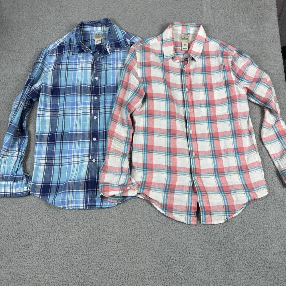 2 LL Bean Shirts Men Small Reg Plaid Linen Long Sleeve Button Up Slightly Fitted